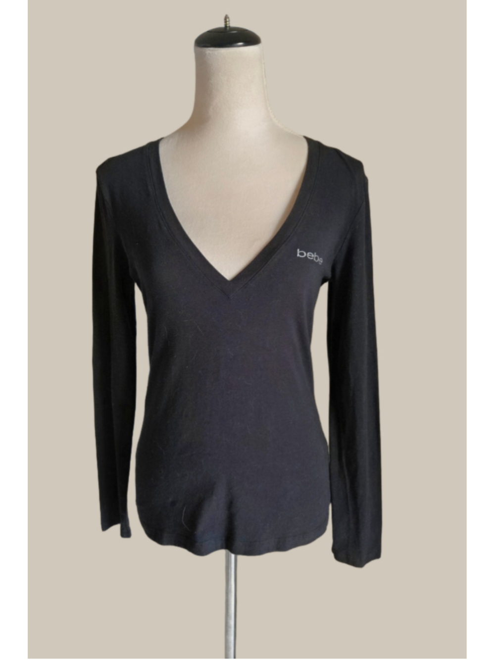 Vintage Y2K Bebe Rhinestone Logo Black Deep V-Neck Long Sleeve Top. L